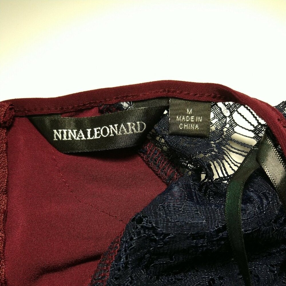 Nina Leonard Shift Dress Women Size M Wine Red Blue Lace Bell Sleeves Pocket NEW - Picture 8 of 10